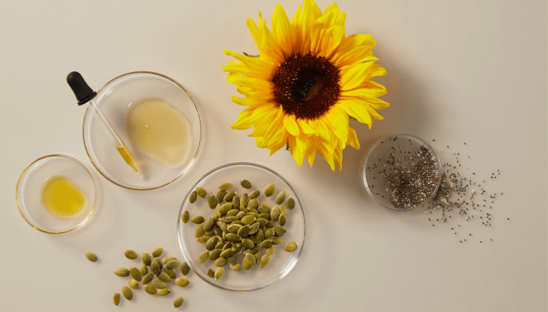 Top-down image showing a sunflower and glass dishes containing both sunflower seeds and oil